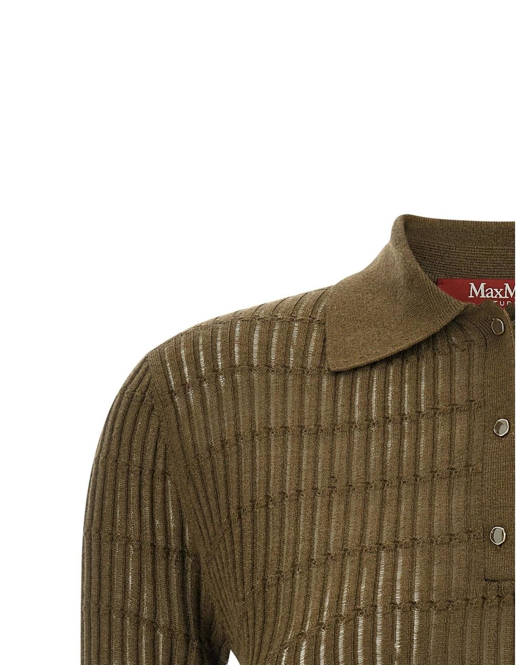 Max Mara Green Ribbed Wool-Silk Knit Polo Shirt