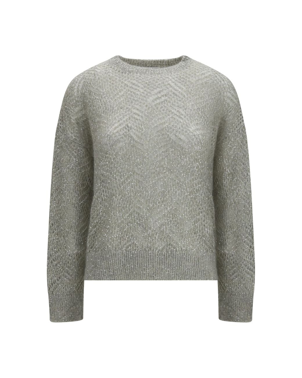 Brunello Cucinelli Gray Crewneck Sweater With Openwork And Sequins Linen
