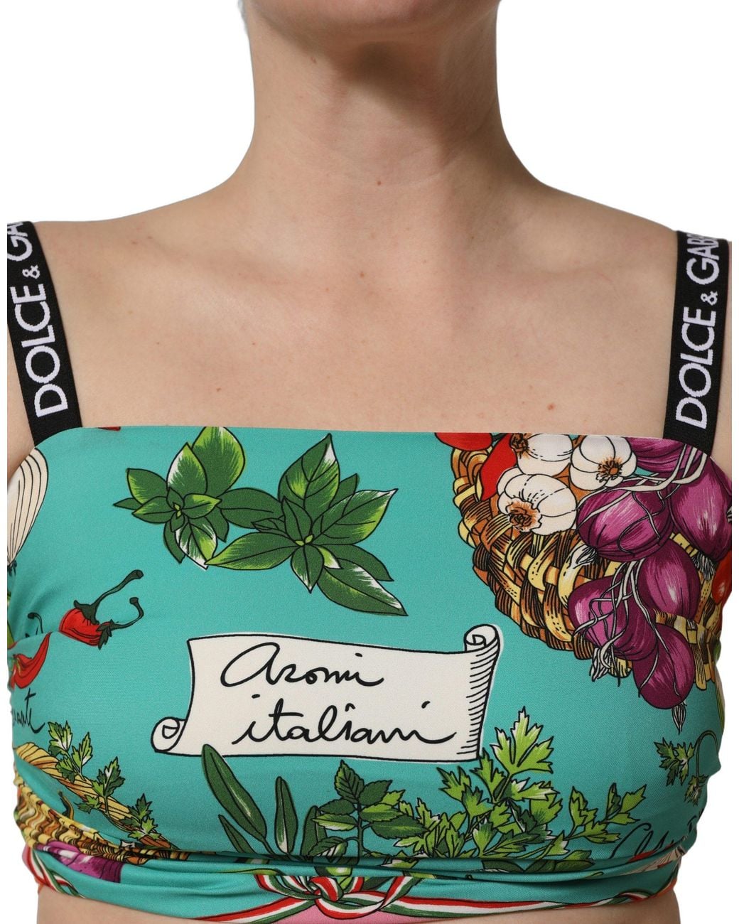Dolce & Gabbana Green Vegetable Print Silk Crop Tank Top Elastane