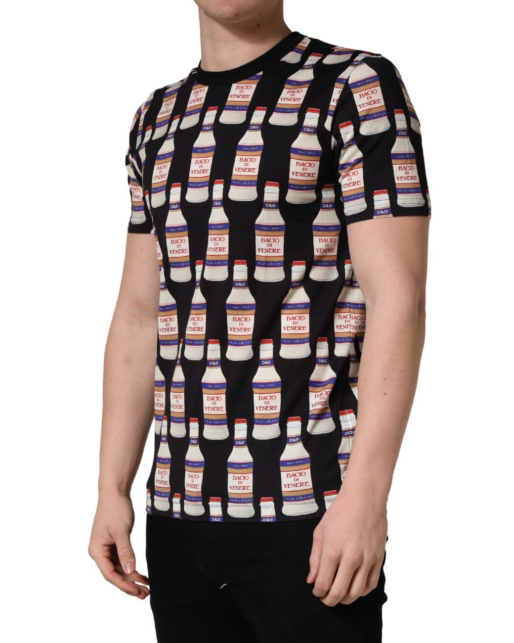 Dolce & Gabbana Black Bottle Print Cotton Crew Neck T for men
