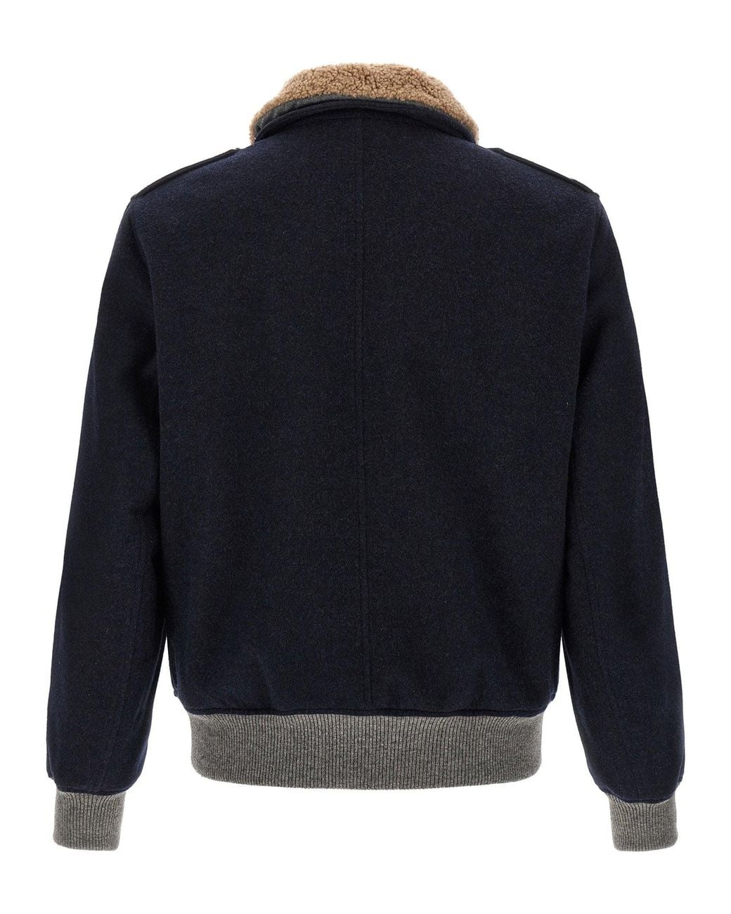 Brunello Cucinelli Blue Cashmere Bomber With Shearling Collar Jacket