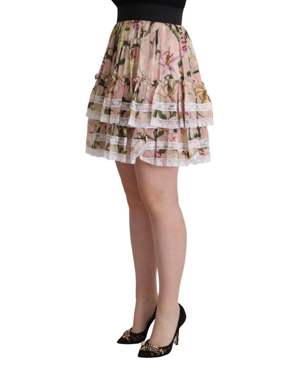 Dolce & Gabbana Black Lily Print Silk Mini Tiered A-line Skirt