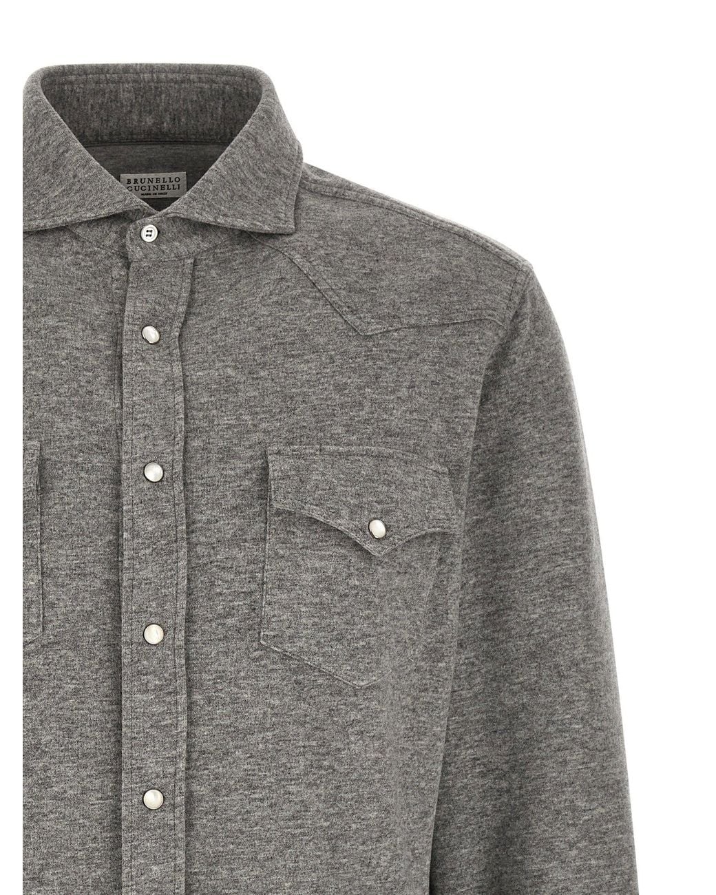 Brunello Cucinelli Gray Cashmere-Cotton Knit Western Shirt for men