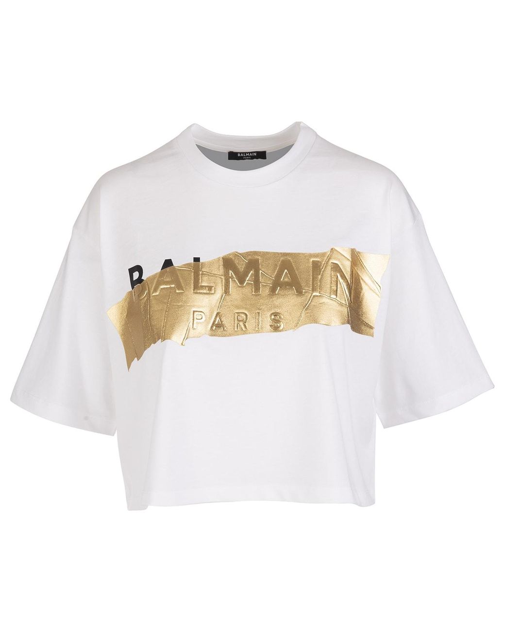 Balmain Woman White Crop T-shirt With Golden Logo | Lyst