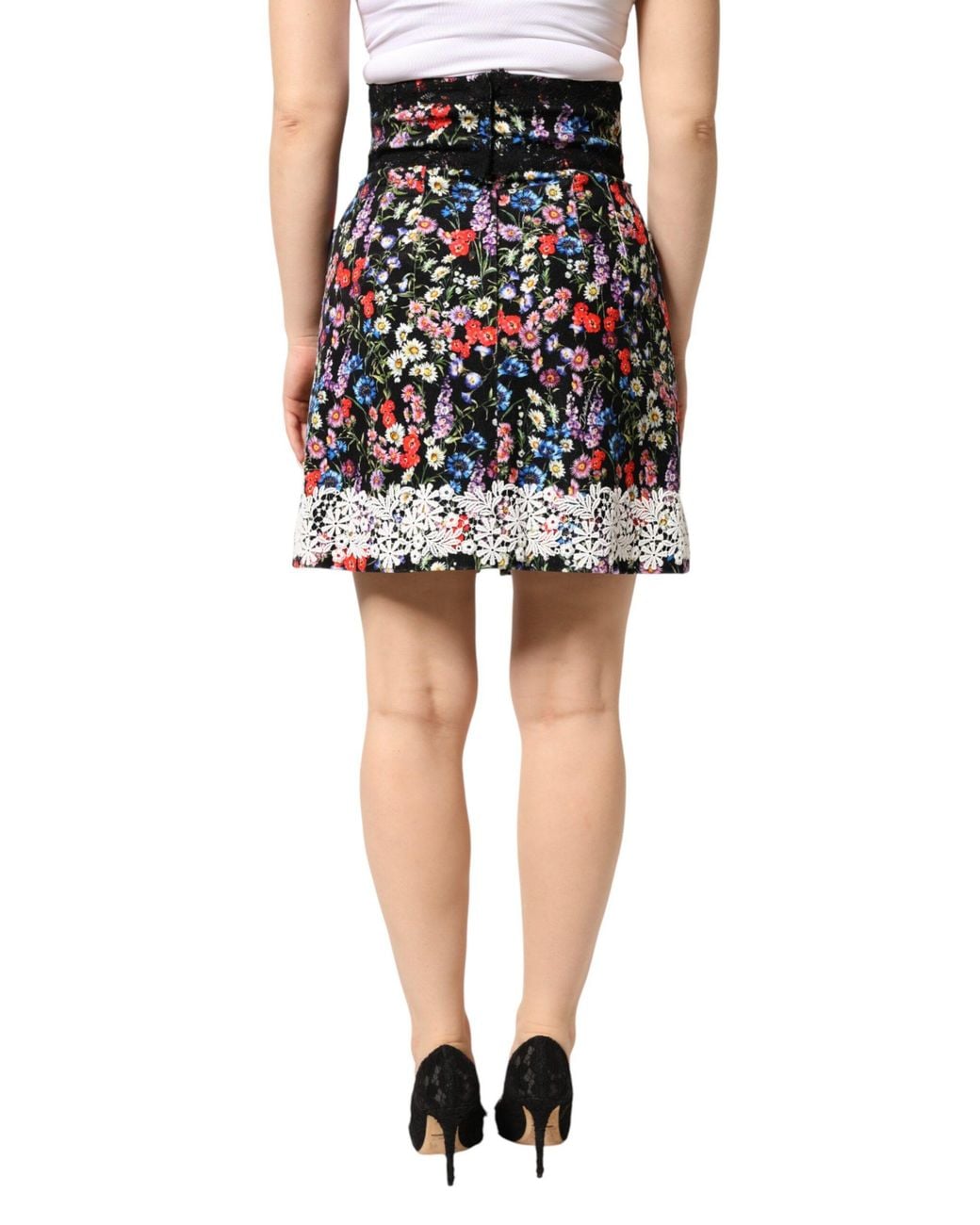 Dolce & Gabbana Black Floral Lace Cotton Highwaist Mini Skirt Co+Se