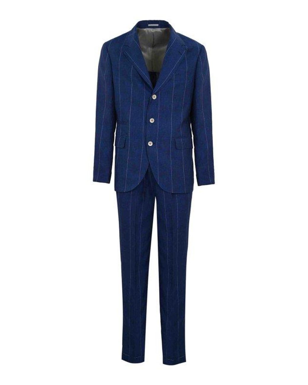 Brunello Cucinelli Blue Linen Pinstripe Suit for men