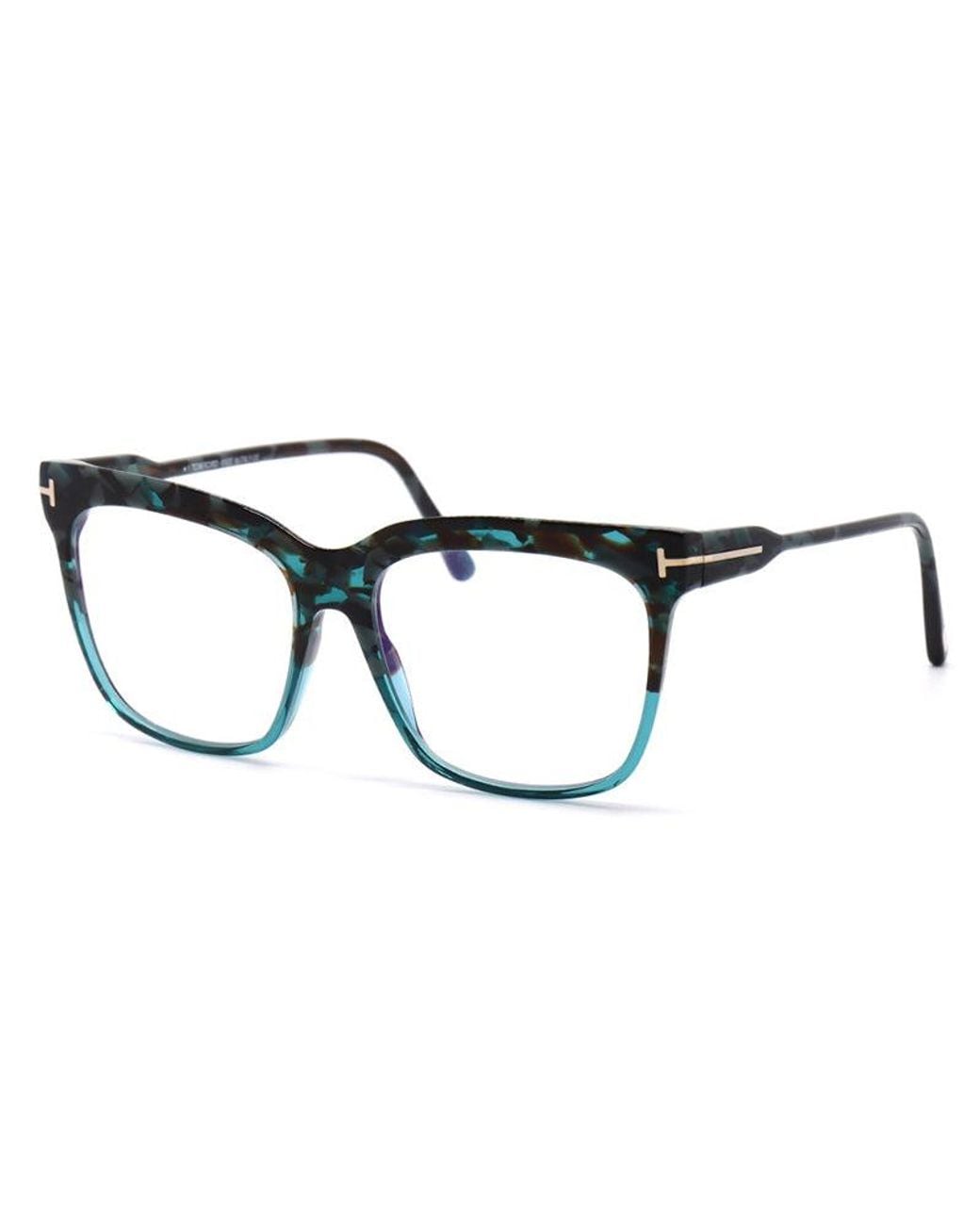 Tom Ford Blue Eyeglasses Square Full Rim, Shiny Frame And Light Block Lenses Lens Ft5768-B056