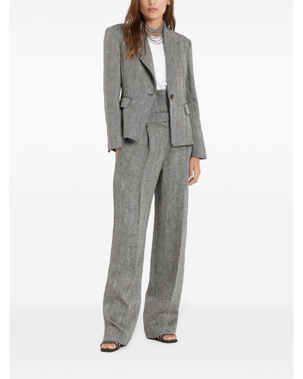Brunello Cucinelli Gray Linen Wide Leg Trousers