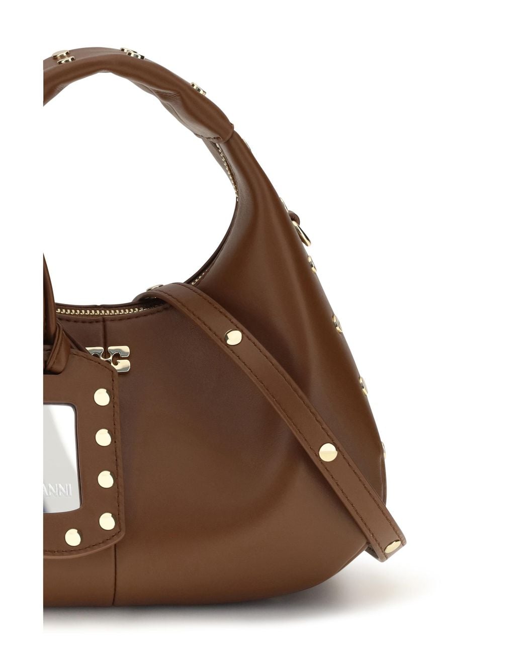 Ganni Brown Mini Studded Hobo Handbag Recycled Leather