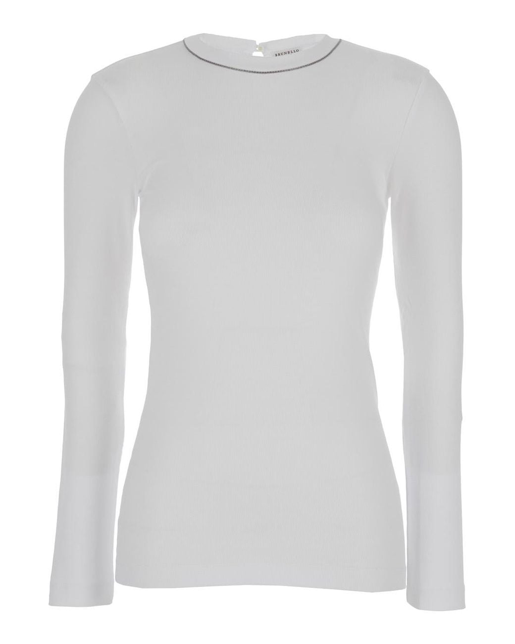 Brunello Cucinelli White Long Sleeve Round-Neck Cotton T-Shirt With Monile Trim