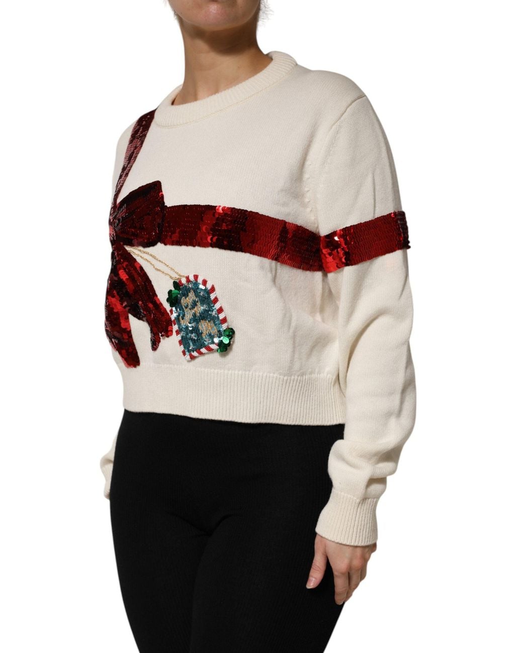Dolce & Gabbana Red Sequin Bow Holiday Sweater