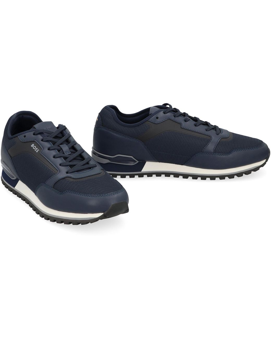 Boss Blue Low-Top Sneakers With Mesh Inserts Cow Hide Trainers for men