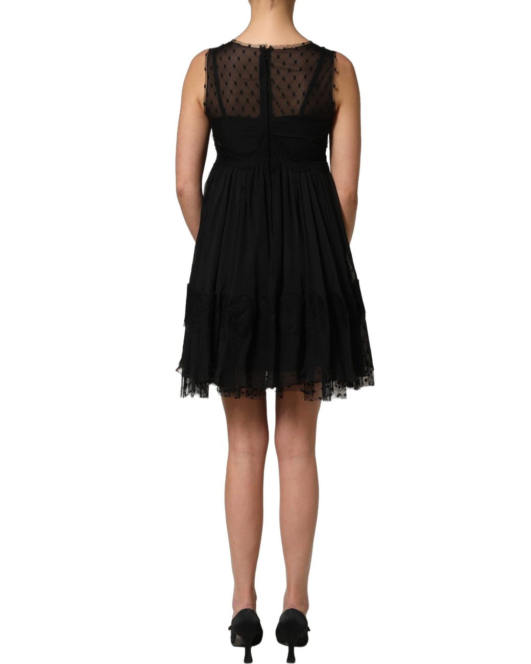 Dolce & Gabbana Black Lace Trim Sleeveless A-Line Mini Dress Silk Cotton Nylon