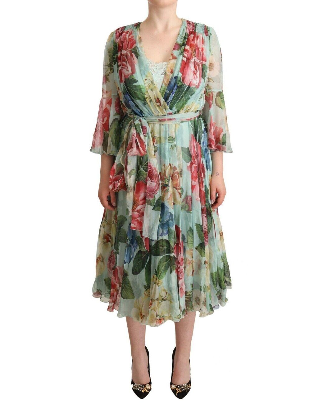 Dolce & Gabbana Green Elegant Floral Midi Silk Dress