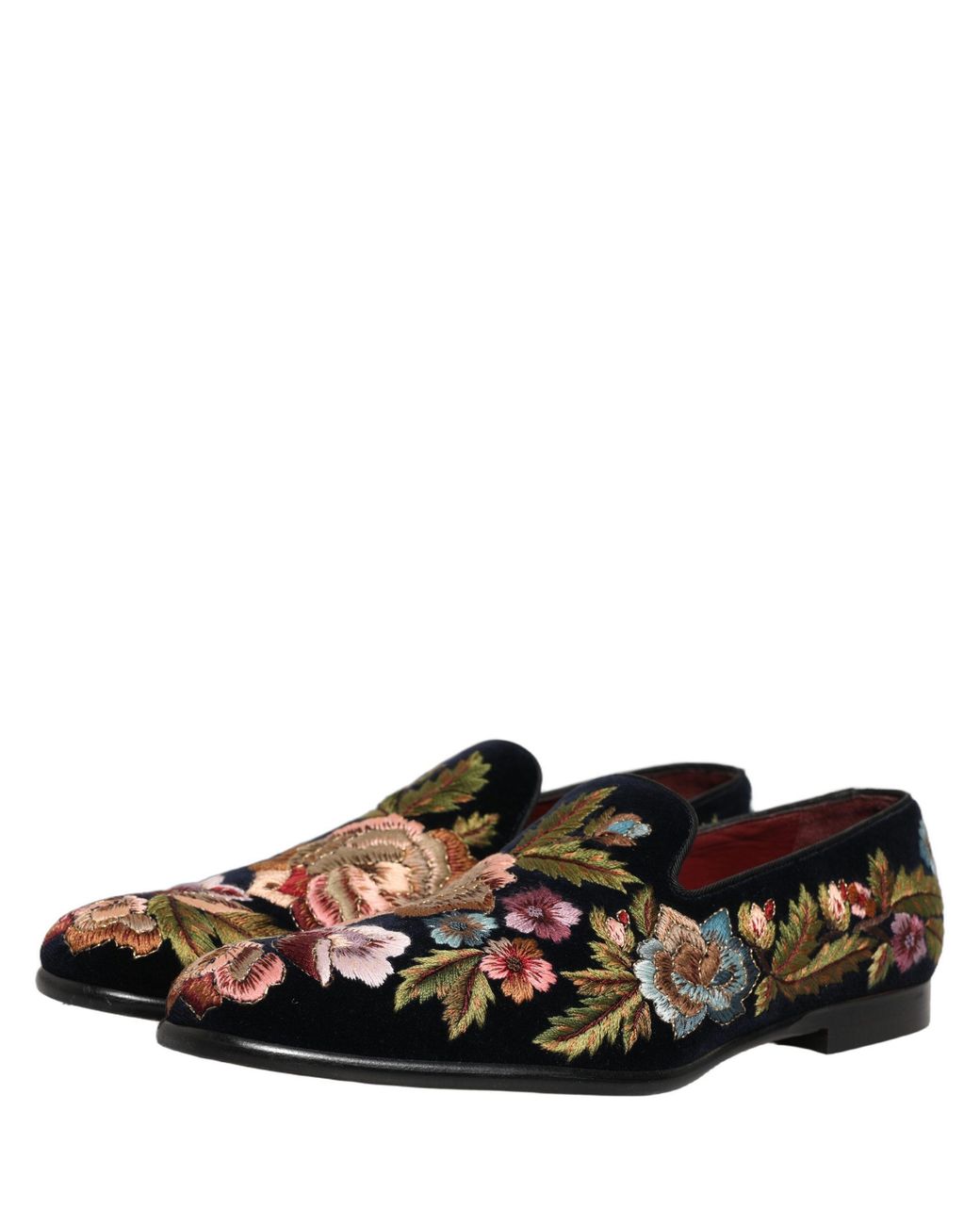 Dolce & Gabbana Black Velvet Floral Embroidery Loafers Shoes Leather for men