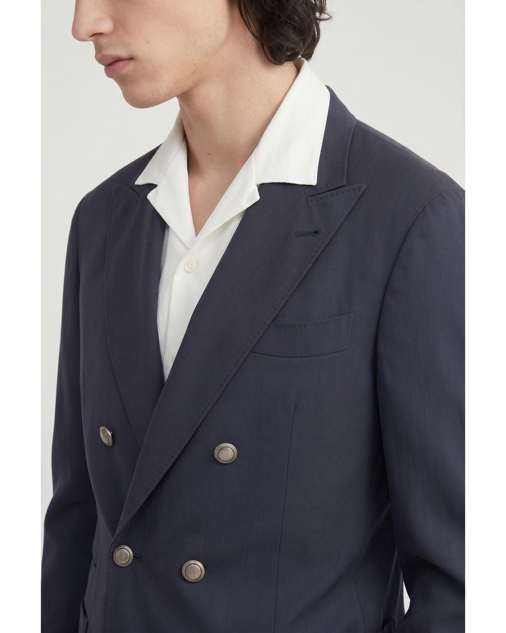 Brunello Cucinelli Blue Dark Silk Double Breasted Blazer for men