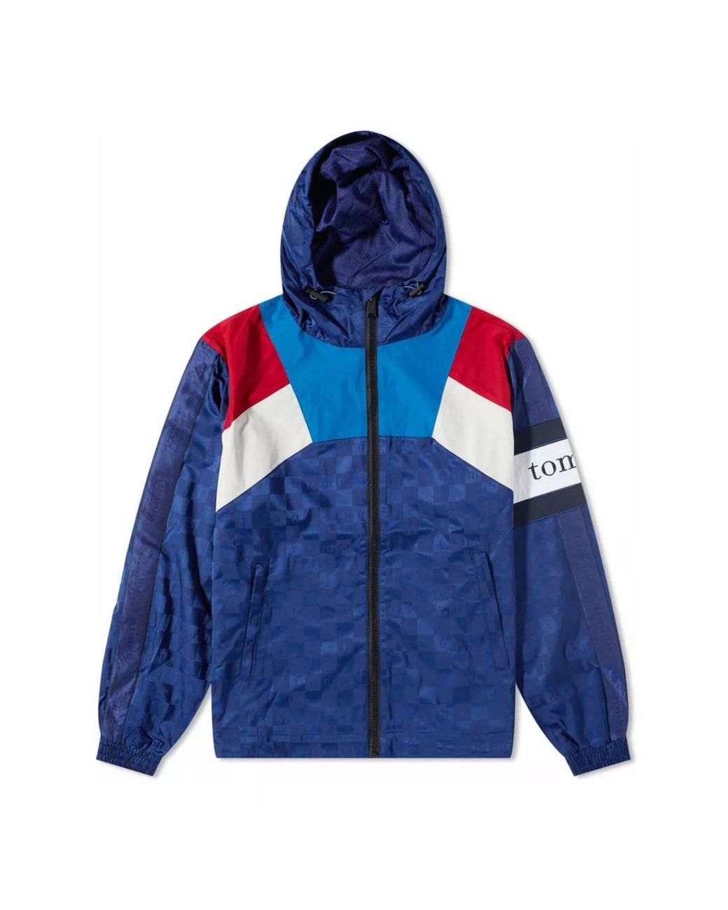Tommy Hilfiger Blue Checkerboard Colour-Blocked Hooded Track Jacket Clothing Coats for men