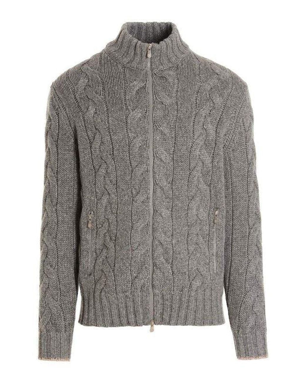 Brunello Cucinelli Gray Light Wool Cable Knit Zip Sweater Clothing for men