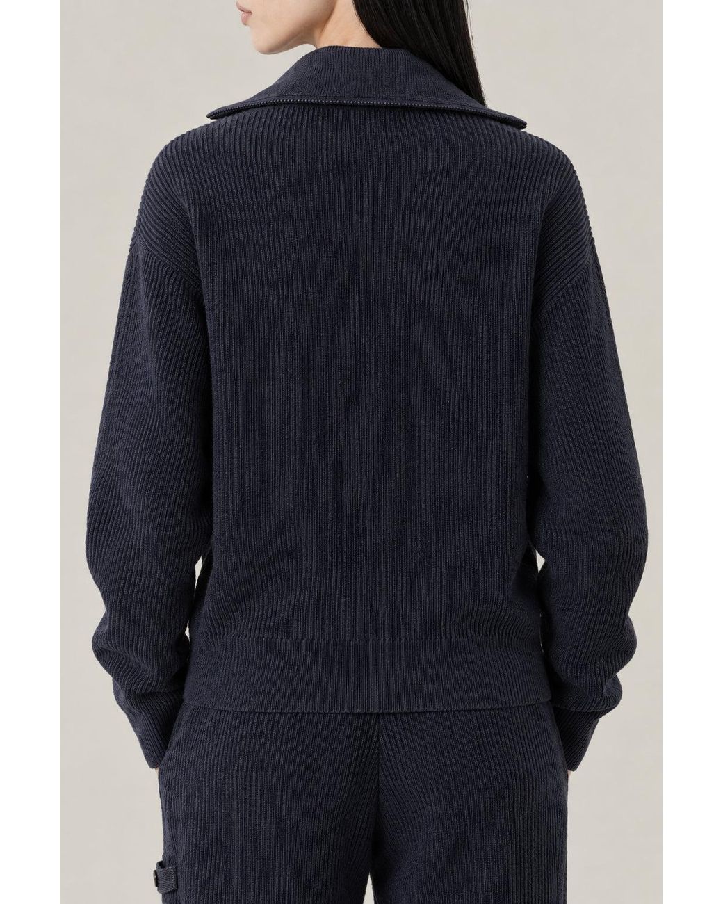 Brunello Cucinelli Blue Night Sky Half Zip Ribbed Cotton Sweater Clothing