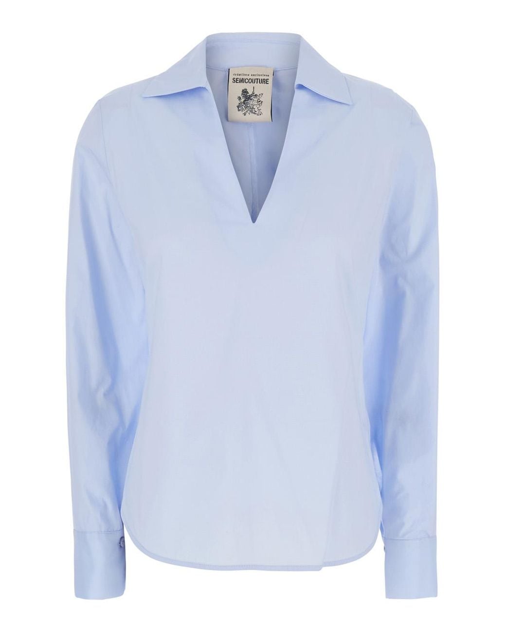 Semicouture Blue Shirt With V-Neck, Cotton Blouses