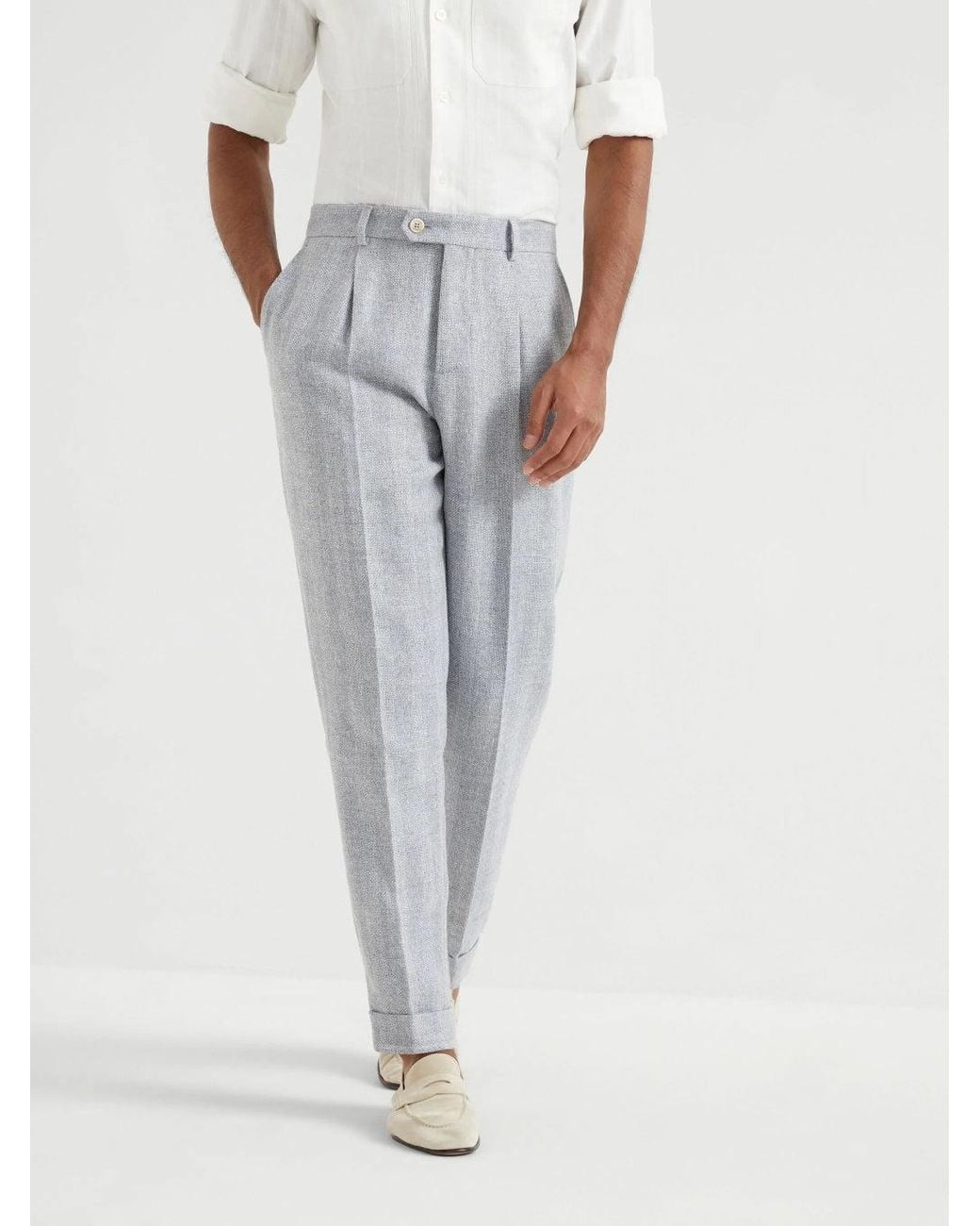 Brunello Cucinelli Gray Light Wool Linen Trousers for men