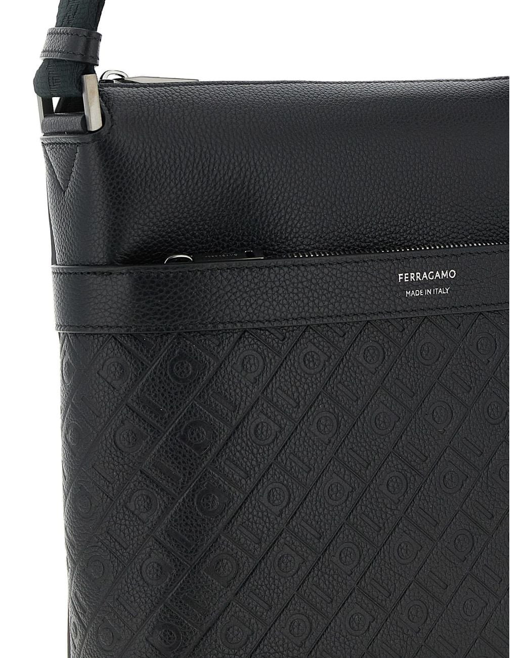 Ferragamo Black Ferragamo Embossed Monogram Calf Leather Crossbody Bag for men