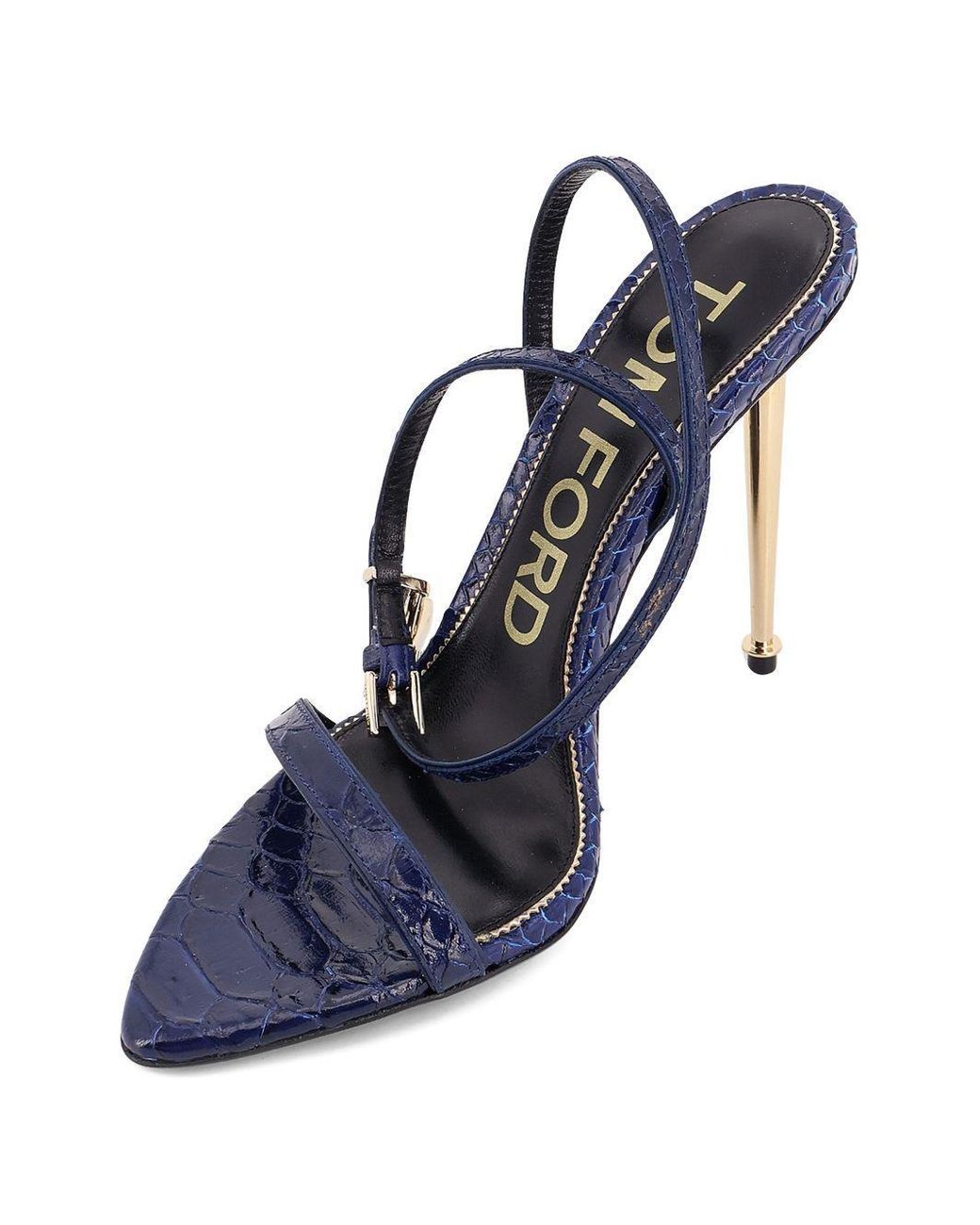Tom Ford Blue Padlock Python-Embossed Calf Leather Sandals With Golden Metal Padlock And Spike Heel