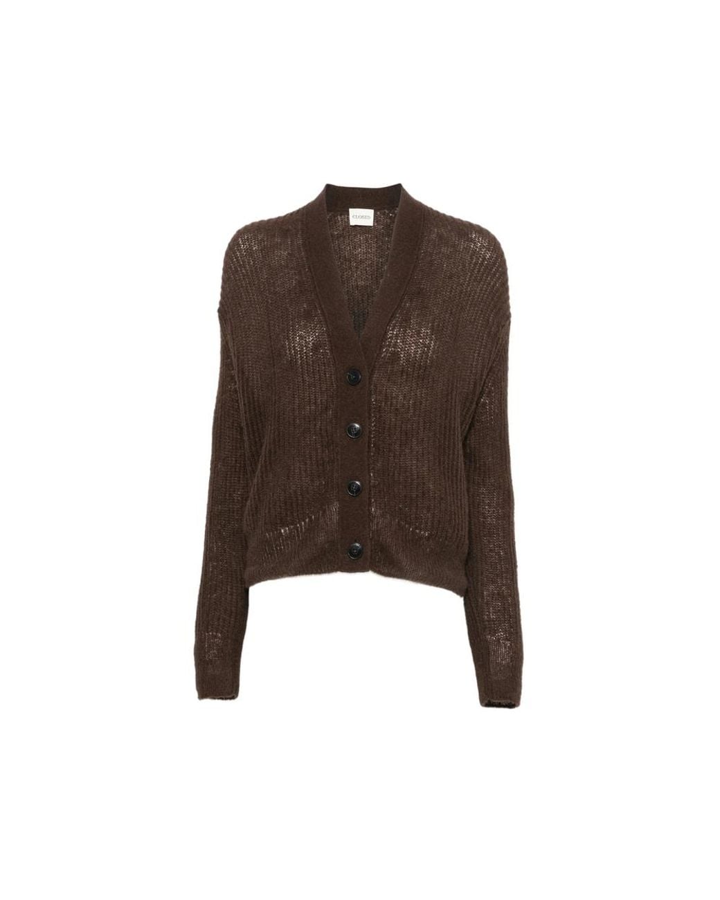Closed Brown Ribbed-Knit V-Neck Cardigan