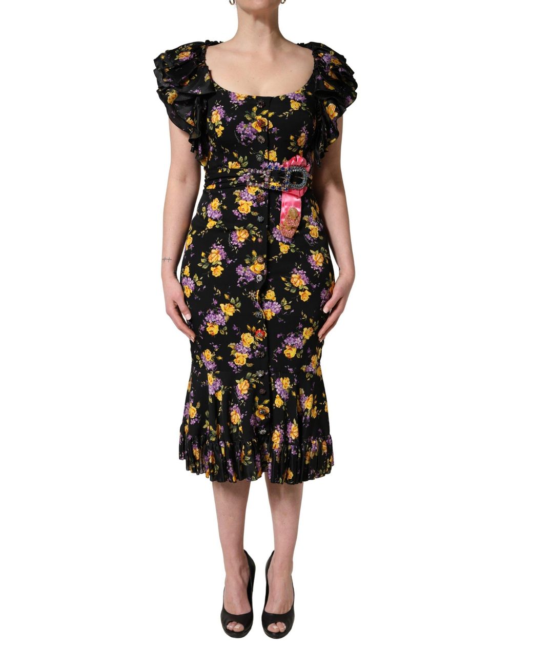 Dolce & Gabbana Black Purple Crystal Brooch Silk Midi Dress