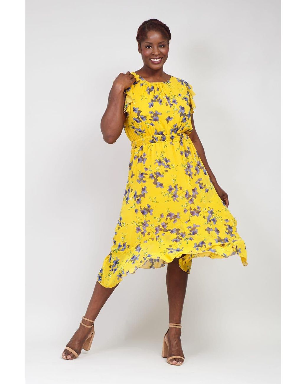 Izabel London Curve Floral & Frill Midi Dress in Yellow | Lyst