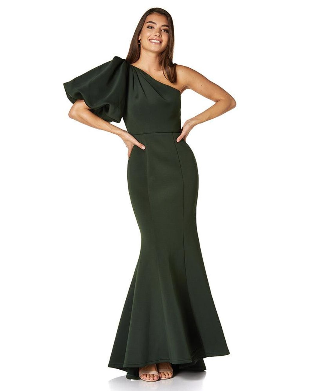 Jarlo Frances One Shoulder Exaggerated Puff Sleeve Scuba Maxi Dress in  Green