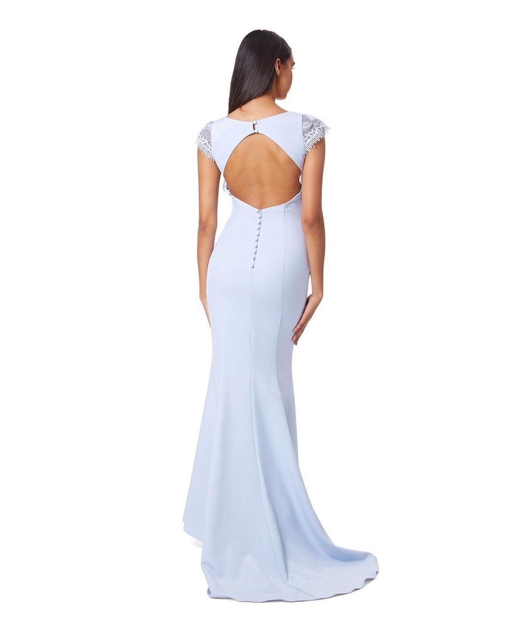 black crepe long sleeve open back fishtail maxi dress