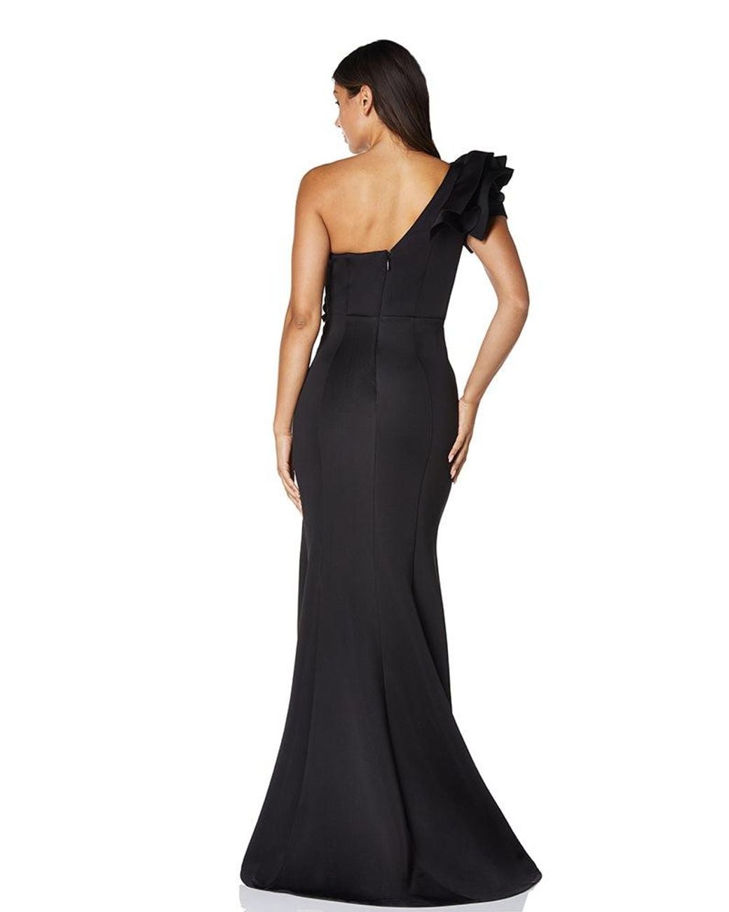 Jarlo Black Eden Front Ruffle One Shoulder Scuba Maxi Dress With Thigh Split