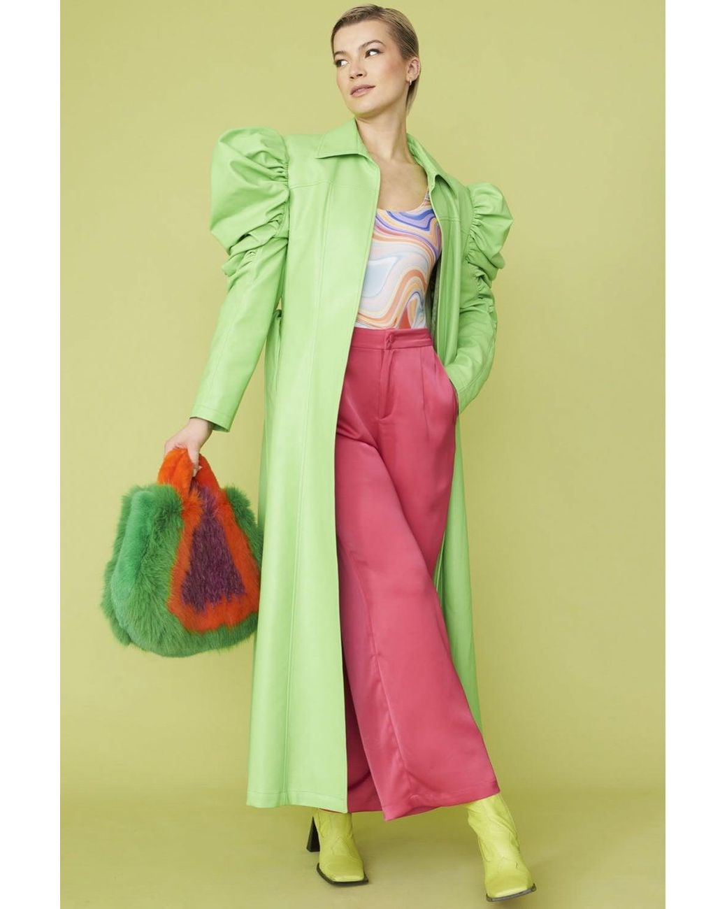 Jayley Green Lime Eco Leather Grande Trench Coat