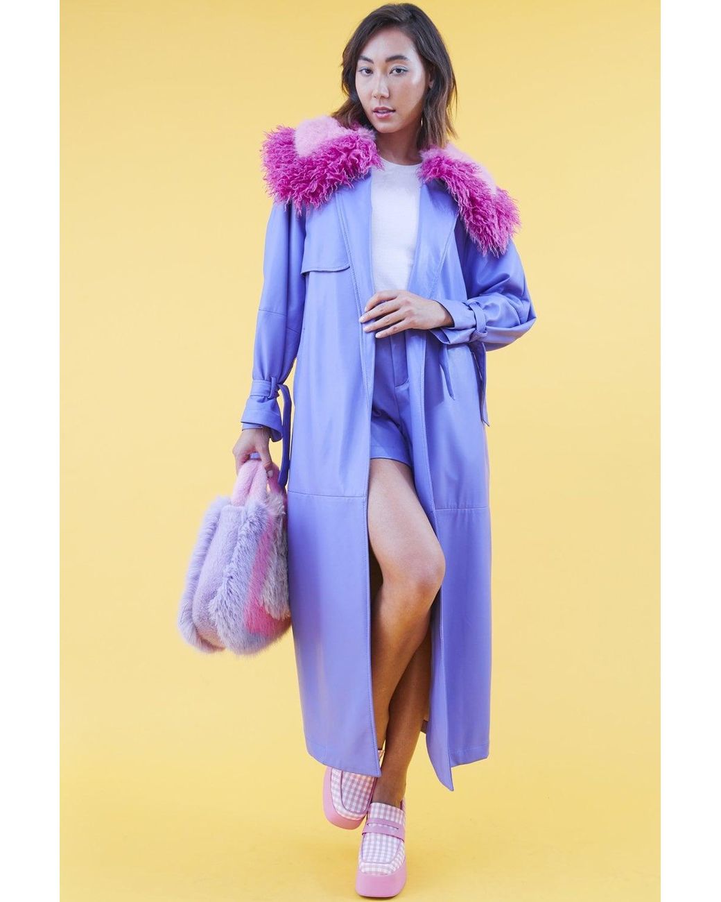 Jayley Blue Eco Leather Faux Fur Collar Trench Coat