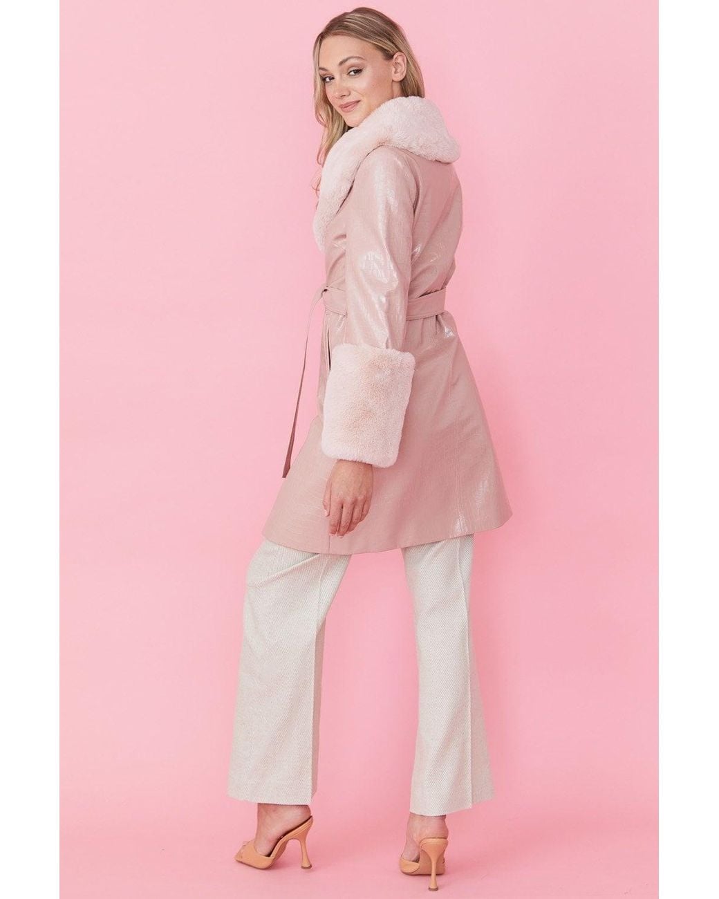 Jayley Pink Luxury Faux Leather Aubrey Coat With Detachable Faux Fur C