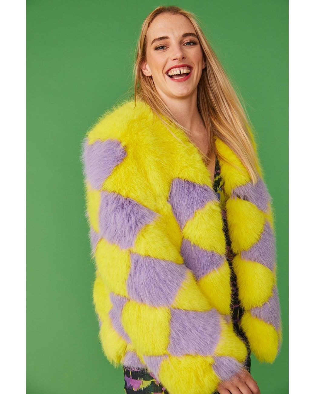 Jayley Yellow Delilah Diamond Faux Fur Jacket