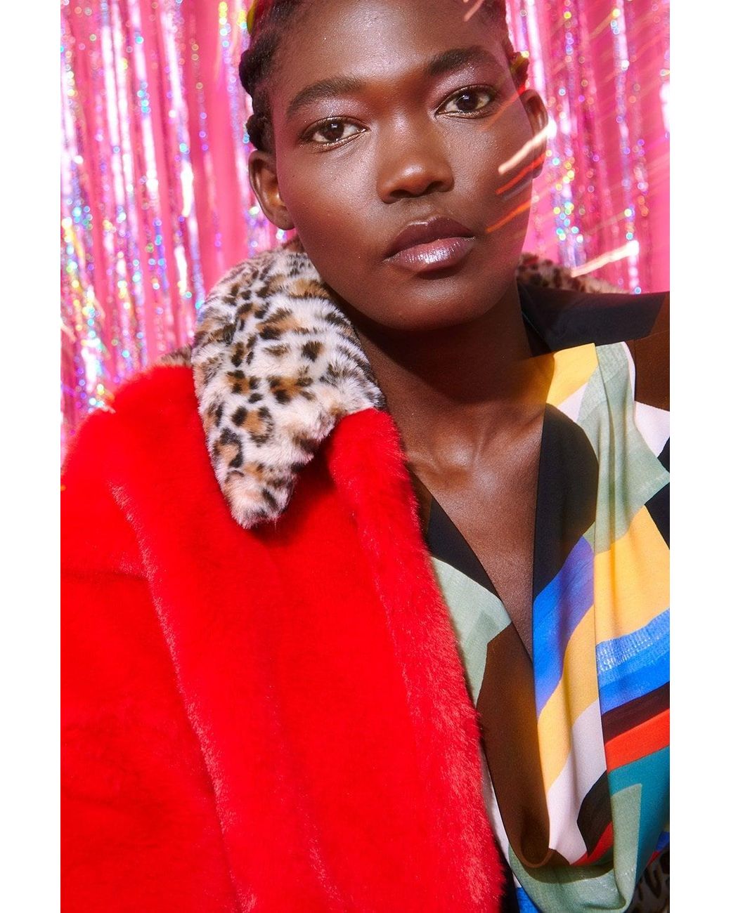 Jayley Red And Leopard Print Faux Fur Coat