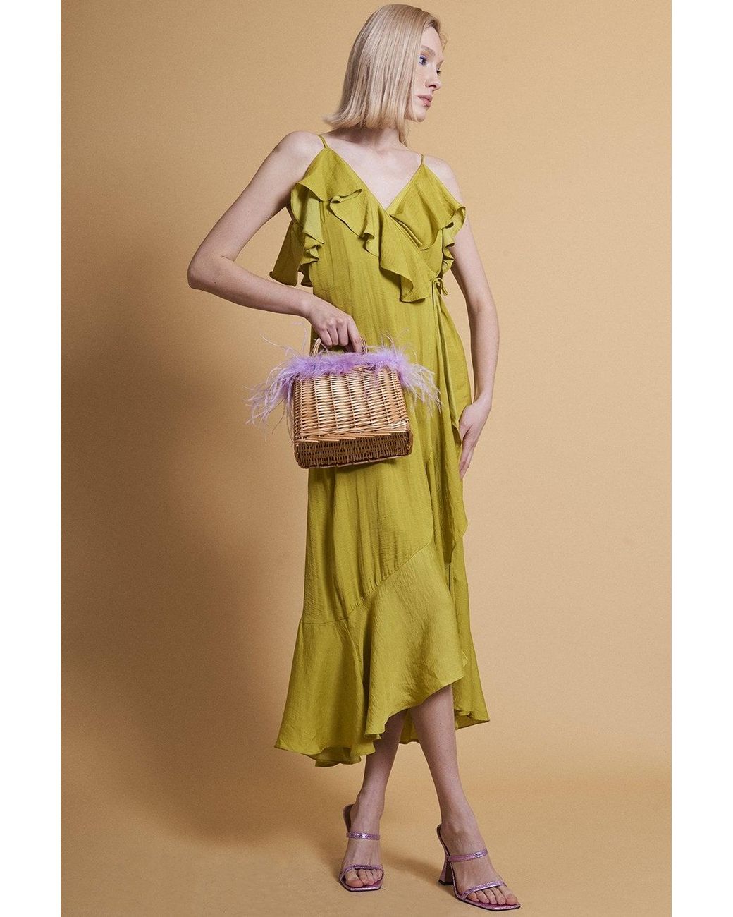 Jayley Yellow Chartreuse Silk Blend Maxi Ruffle Wrap Dress