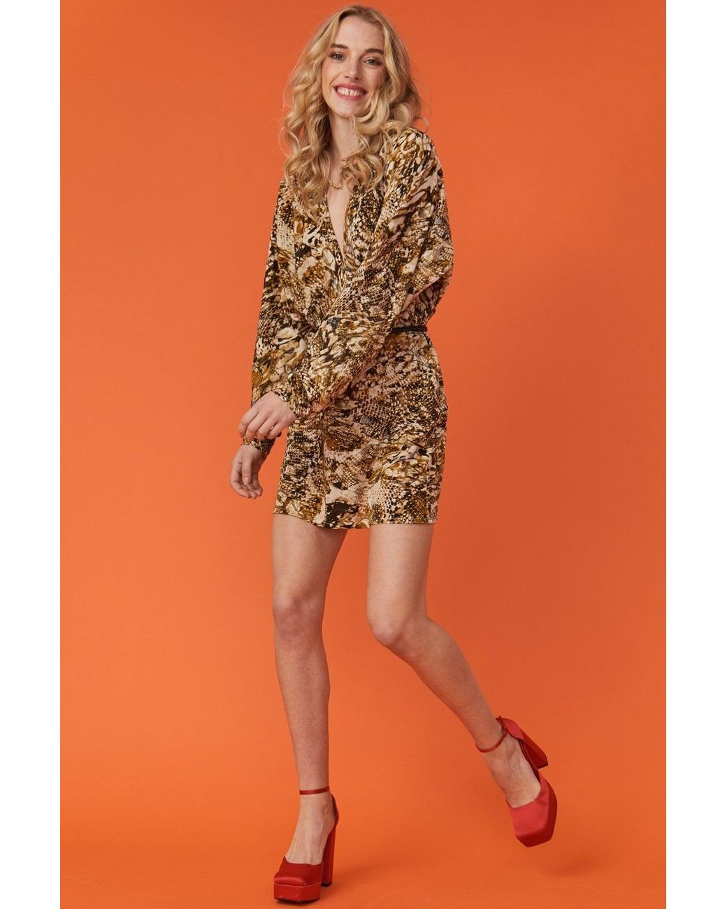 Jayley Orange Snake Print Batwing Mini Dress