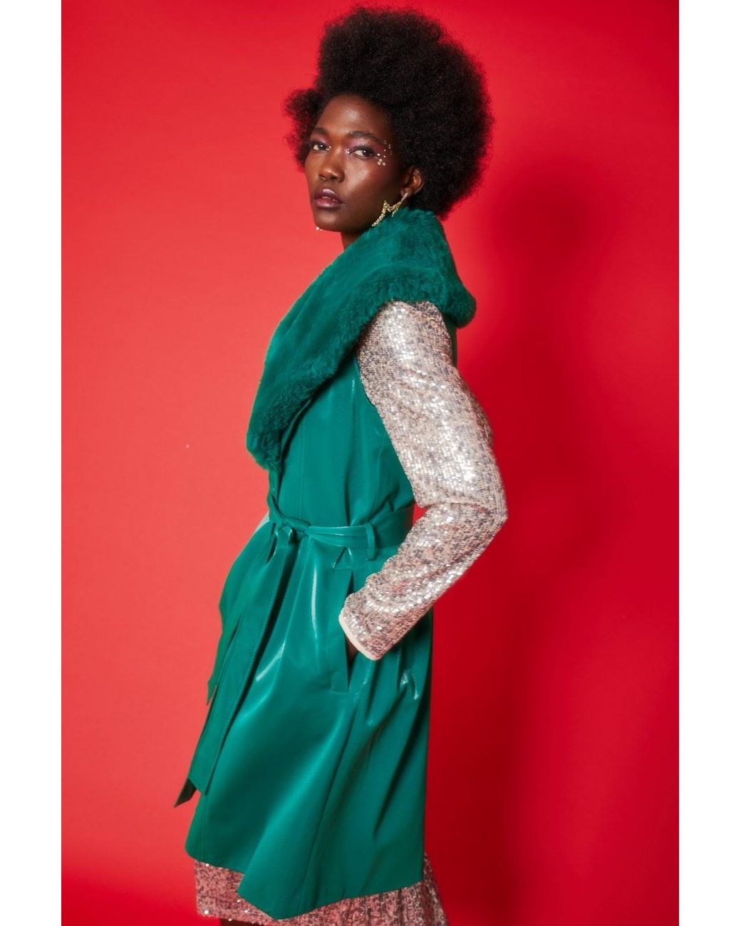 Jayley Red Banana Peel Midi Gilet Faux Fur Collar