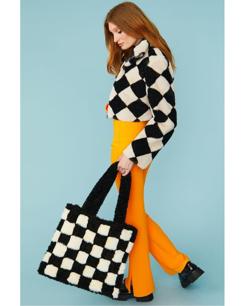 Jayley Blue Faux Fur Geometric Cropped Jacket