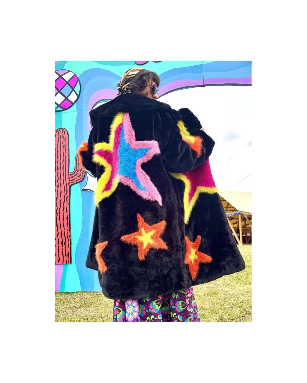 Jayley Blue Hand Made Bamboo Lyocell Multi Faux Fur Star Coat Size: L