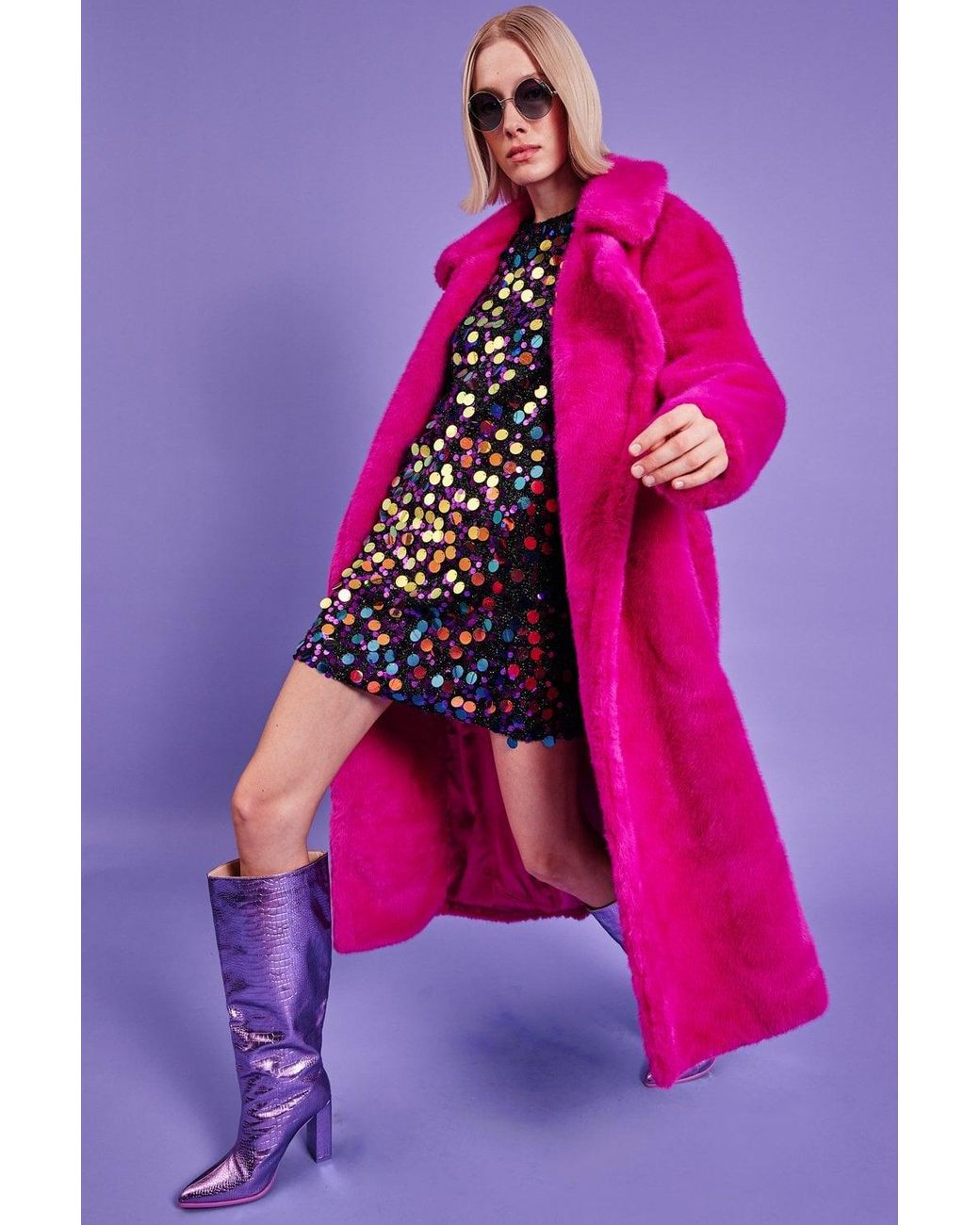 Jayley Pink Faux Fur Maxi Trench Coat With Belt