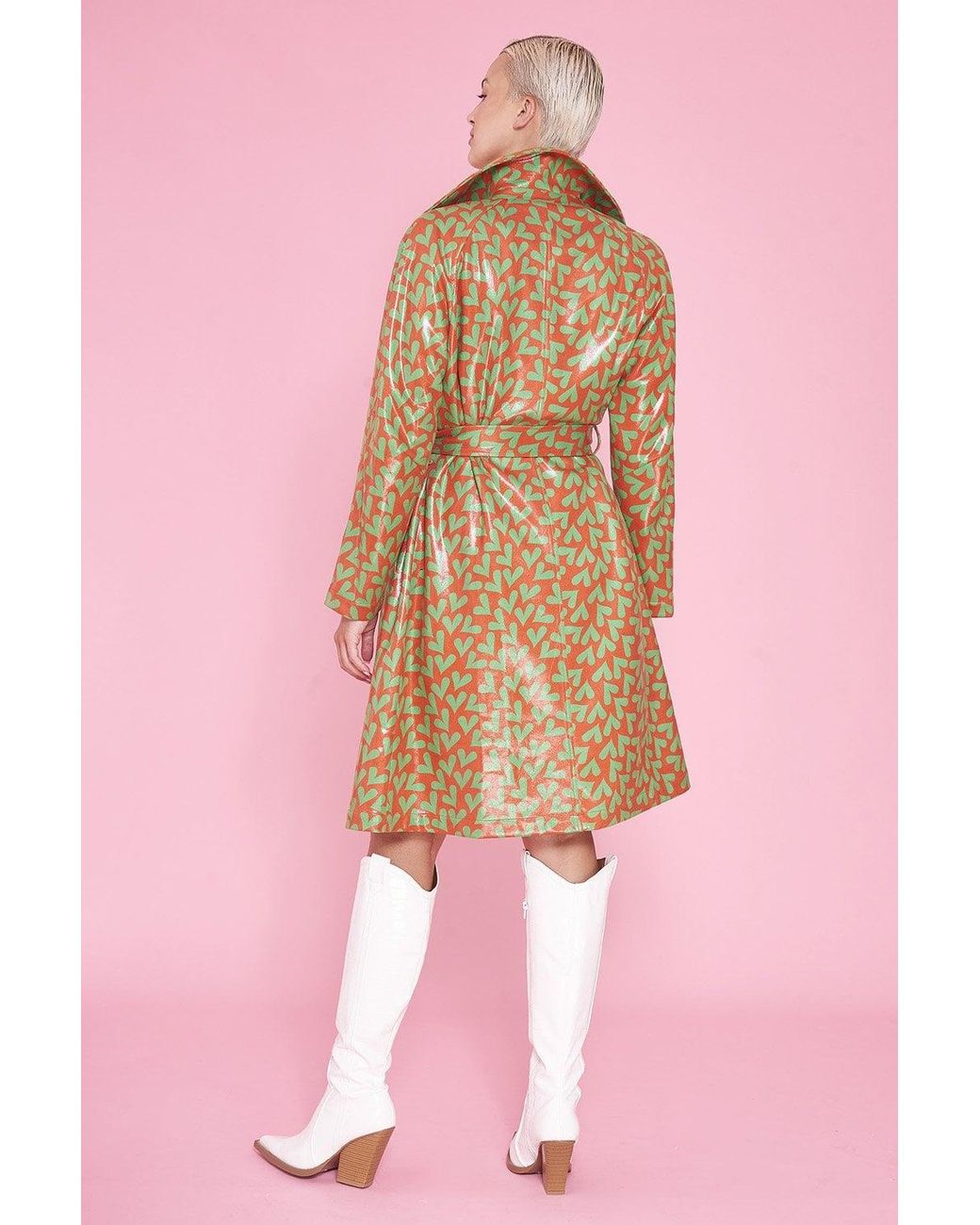 Jayley Pink Faux Suede Heart Print Trench Coat