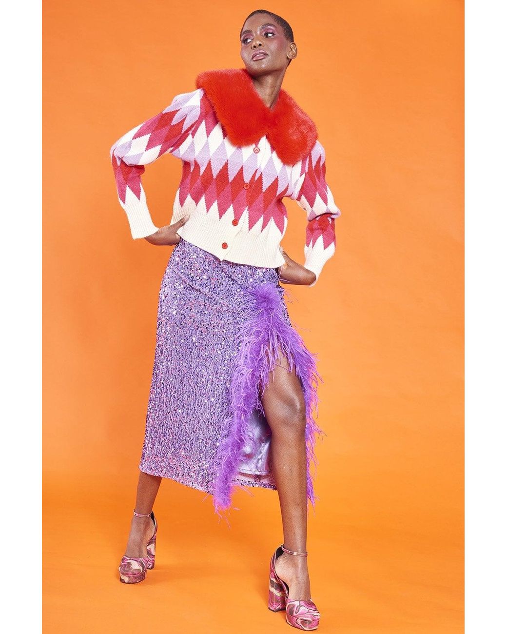Jayley Diamond Design Banana Peel Cardigan Multi-Coloured With Faux Fu