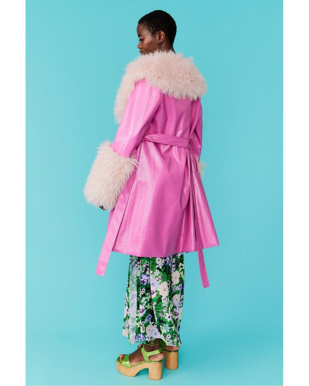 Jayley Green Eco Leather Trench Coat With Faux Mongolian Fur Cuffs And
