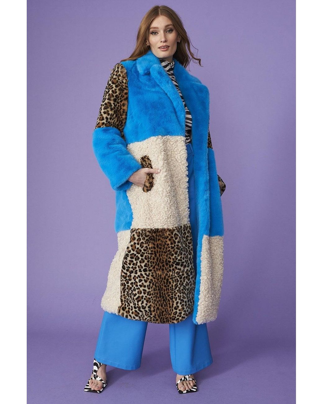 Jayley Blue Maxi Checkered Leopard Print And Shearling Faux Fur Coat Size