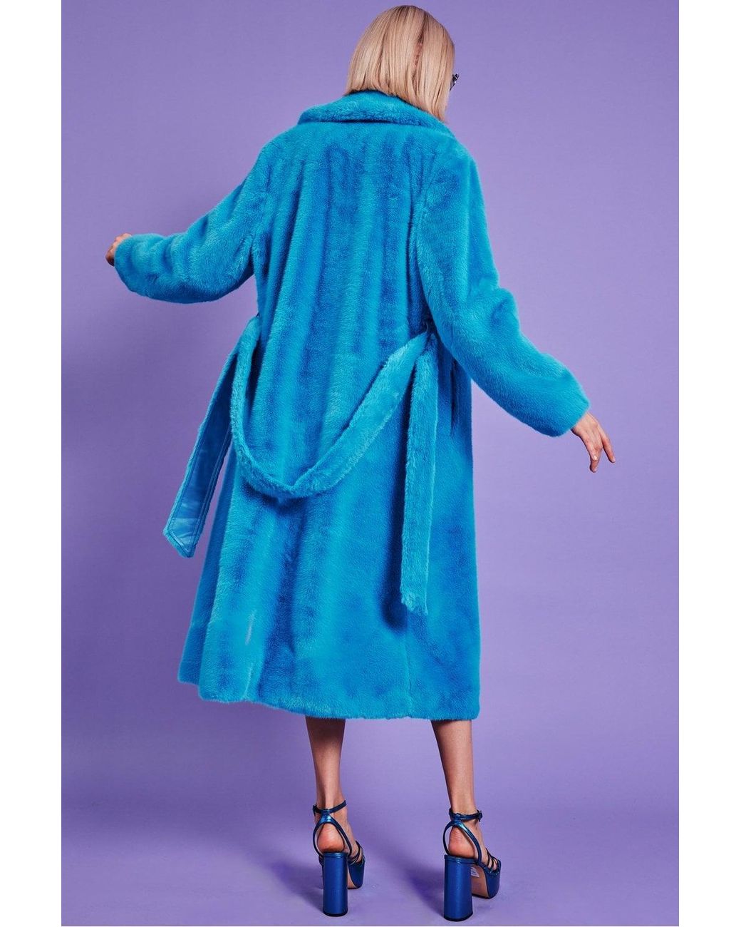 Jayley Blue Faux Fur Maxi Trench Coat With Belt