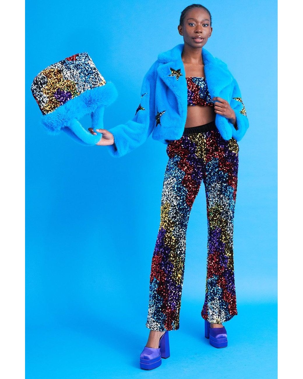 Jayley Blue Bamboo Faux Fur Sequins Star Jacket